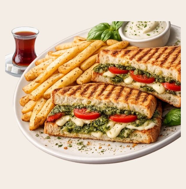 Pesto soslu tost ve patates kızartması